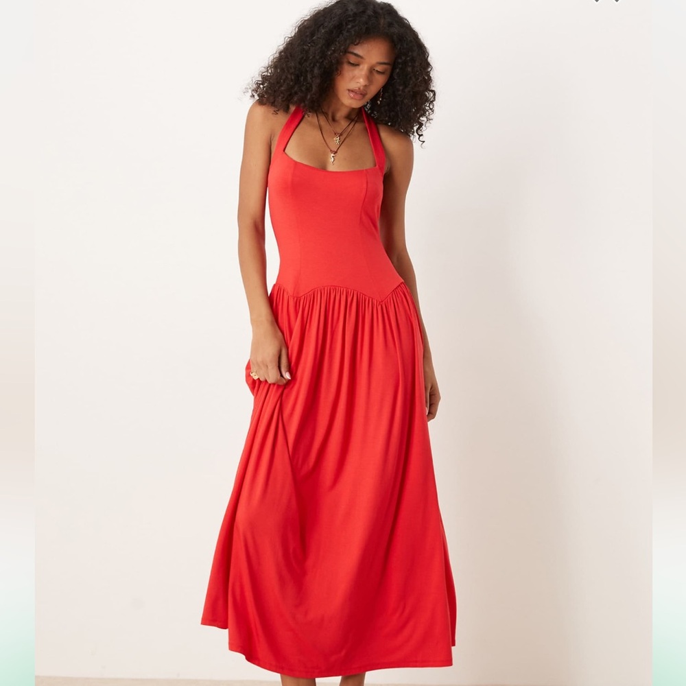 ASOS DESIGN halter dropped waist midi dress in red